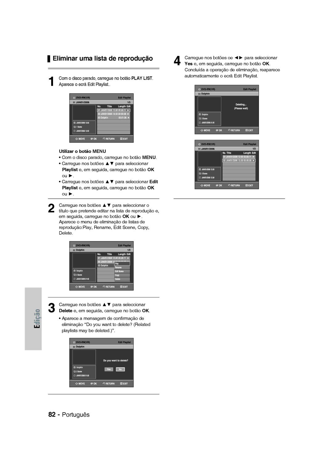 Samsung DVD-VR331/EUR, DVD-VR330/XEG, DVD-VR330/XEB, DVD-VR330/XET, DVD-VR330/XEF manual Eliminar uma lista de reprodução 