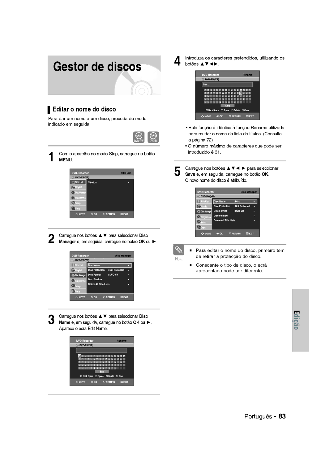 Samsung DVD-VR330/XEC, DVD-VR330/XEG, DVD-VR330/XEB, DVD-VR330/XET, DVD-VR330/XEF, DVD-VR330/XEH manual Editar o nome do disco 