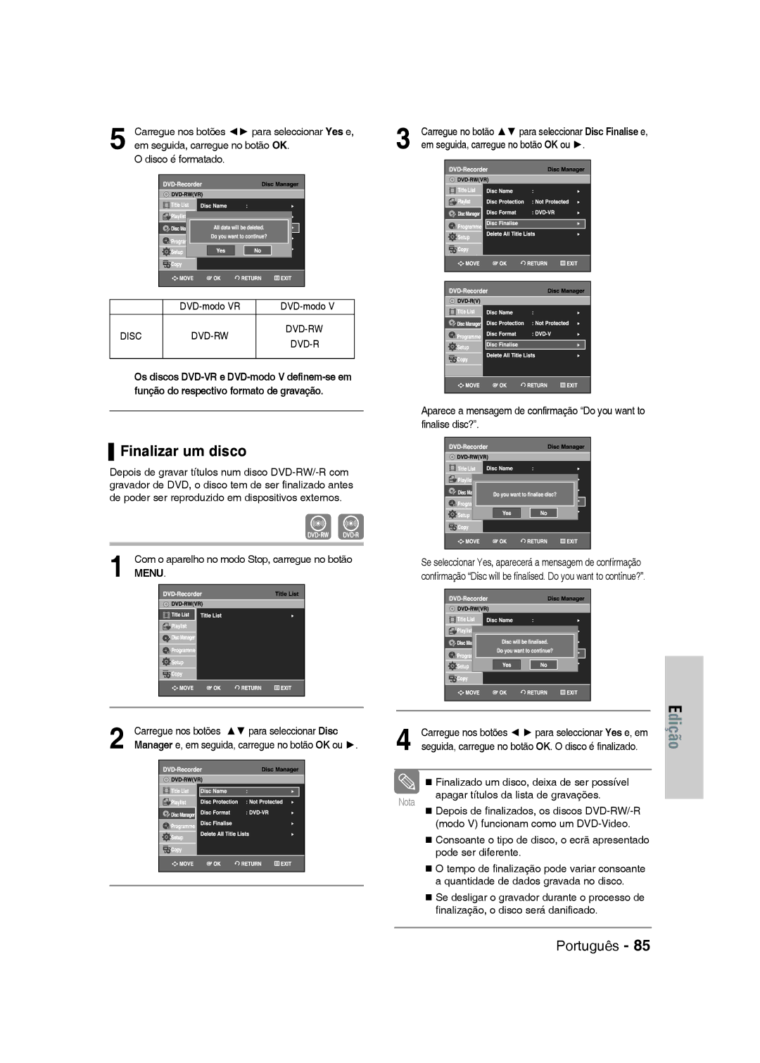 Samsung DVD-VR330/XEN, DVD-VR330/XEG, DVD-VR330/XEB manual Finalizar um disco, „ Finalizado um disco, deixa de ser possível 