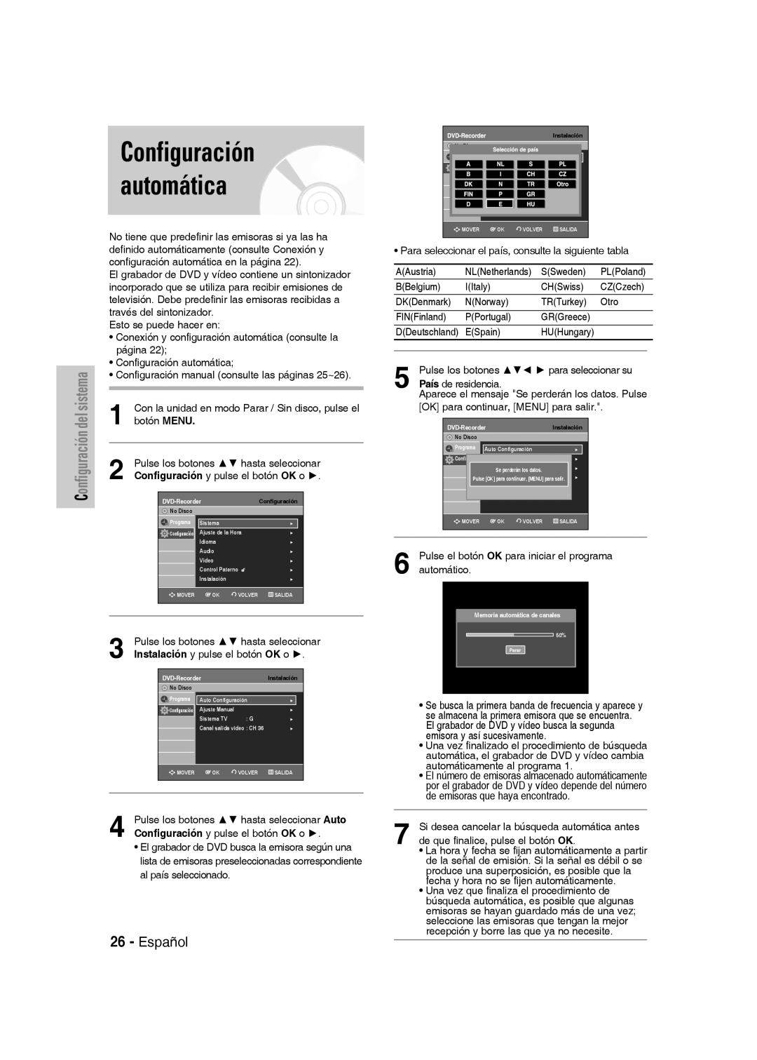 Samsung DVD-VR330/XEG, DVD-VR330/XEB, DVD-VR330/XET, DVD-VR330/XEF, DVD-VR330/XEH, DVD-VR331/XET manual Configuración Automática 