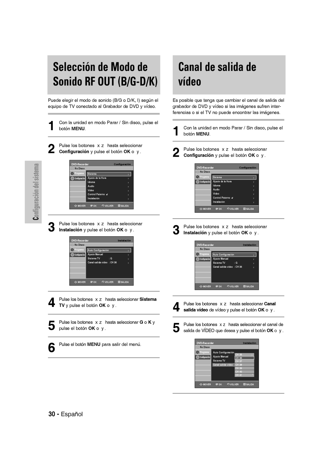 Samsung DVD-VR330/XEH manual Pulse los botones hasta seleccionar Canal, Salida vídeo de vídeo y pulse el botón OK o 