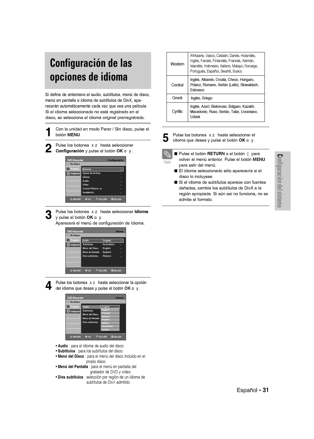 Samsung DVD-VR331/XET, DVD-VR330/XEG Configuración de las opciones de idioma, Pulse los botones hasta seleccionar Idioma 