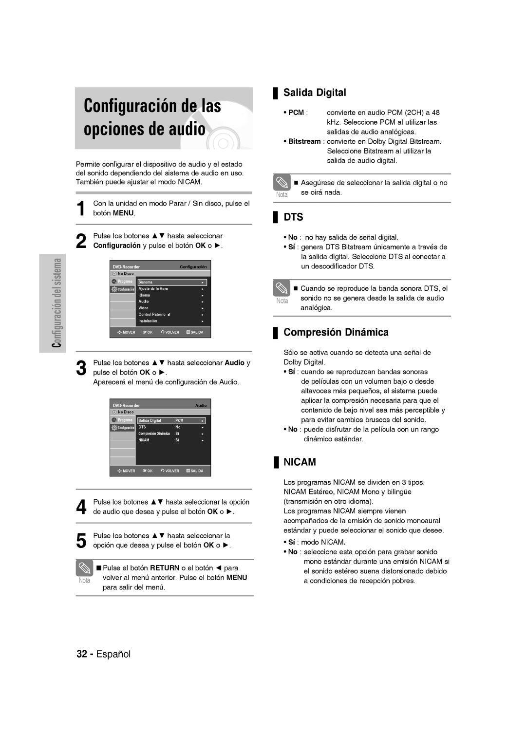 Samsung DVD-VR330/EUR manual Configuración de las opciones de audio, Salida Digital, Compresión Dinámica, Se oirá nada 