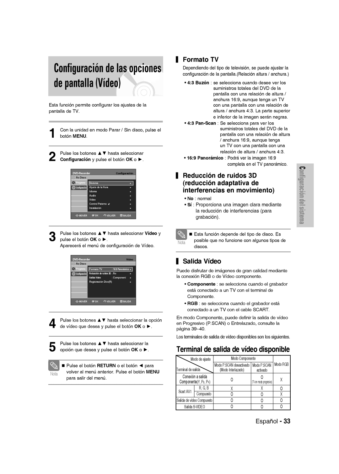 Samsung DVD-VR331/XEC, DVD-VR330/XEG, DVD-VR330/XEB manual Formato TV, Salida Vídeo, Terminal de salida de vídeo disponible 