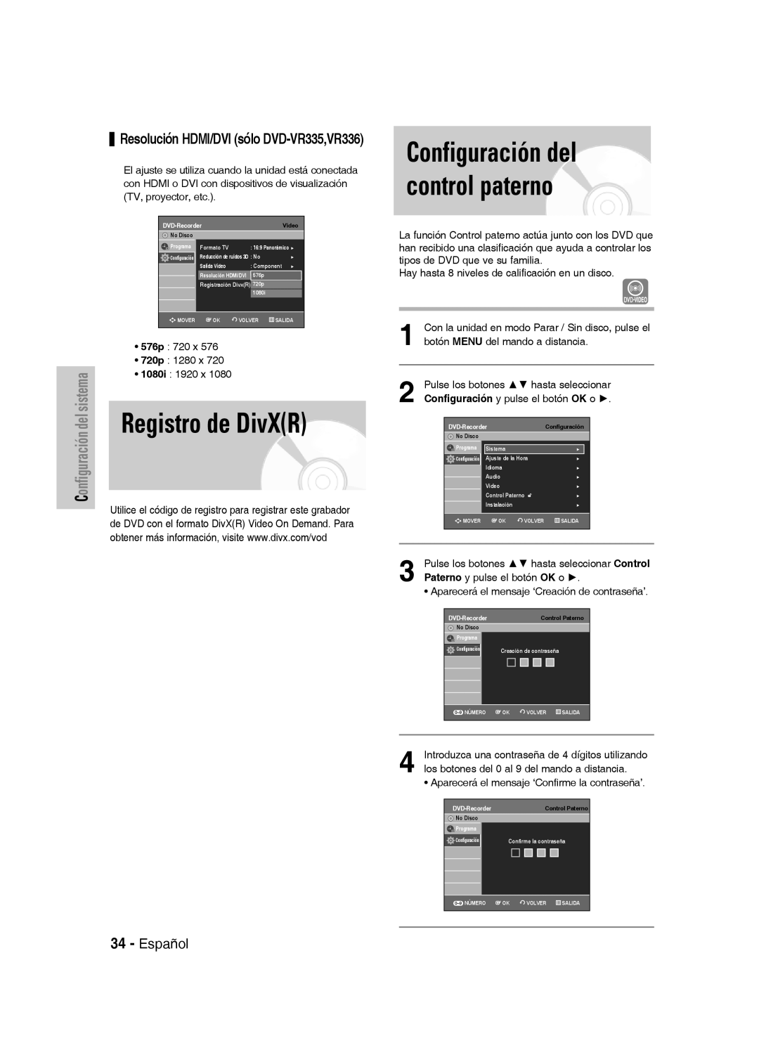 Samsung DVD-VR330/XEE manual Registro de DivXR, Configuración del control paterno, Resolución HDMI/DVI sólo DVD-VR335,VR336 