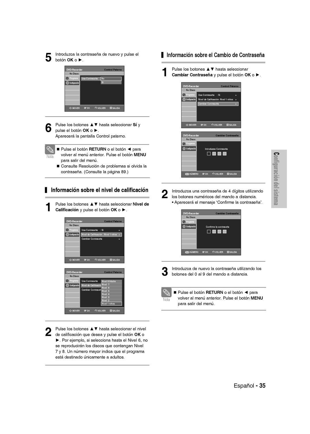 Samsung DVD-VR331/EUR Información sobre el nivel de calificación, Información sobre el Cambio de Contraseña, Botón OK o 