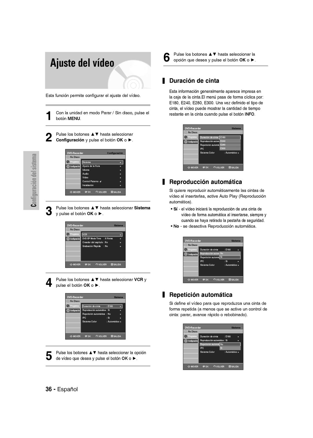 Samsung DVD-VR330/XEC, DVD-VR330/XEG Ajuste del vídeo, Duración de cinta, Reproducción automática, Repetición automática 