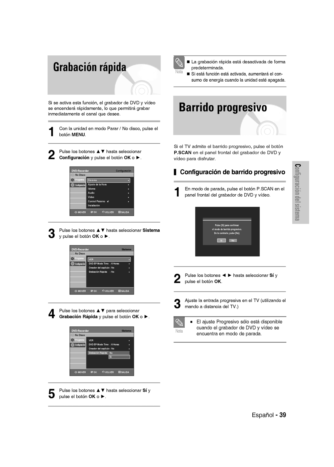 Samsung DVD-VR330/XEG, DVD-VR330/XEB manual Grabación rápida, Barrido progresivo, Configuración de barrido progresivo 