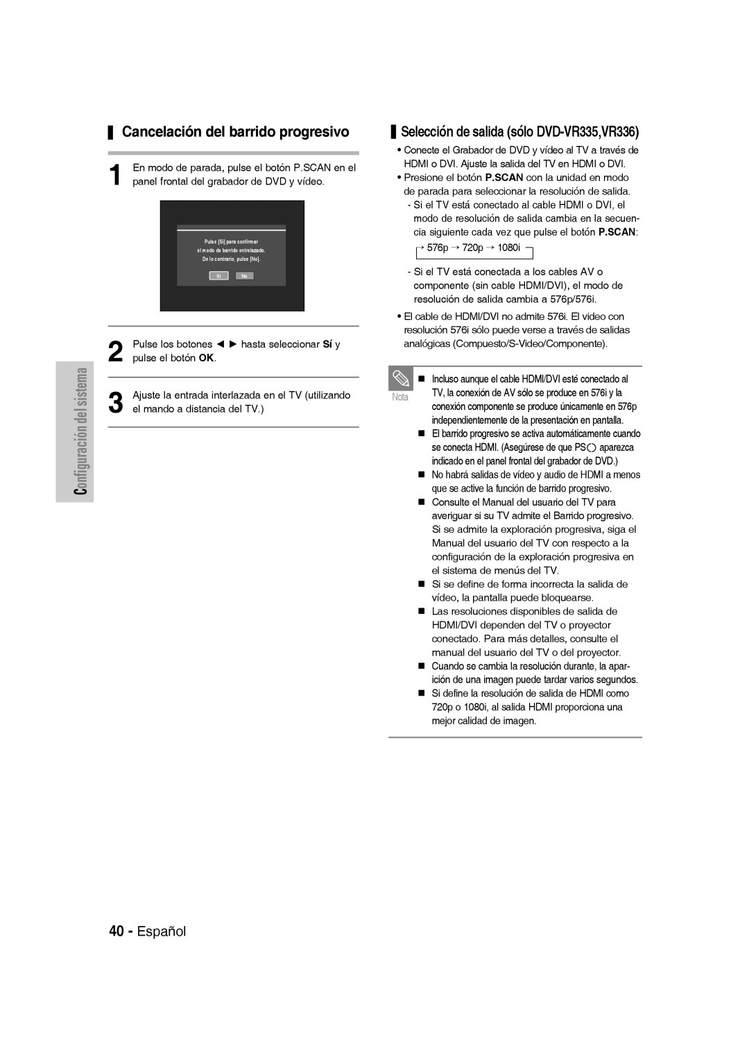 Samsung DVD-VR330/XEB, DVD-VR330/XEG manual Cancelación del barrido progresivo, Selección de salida sólo DVD-VR335,VR336 