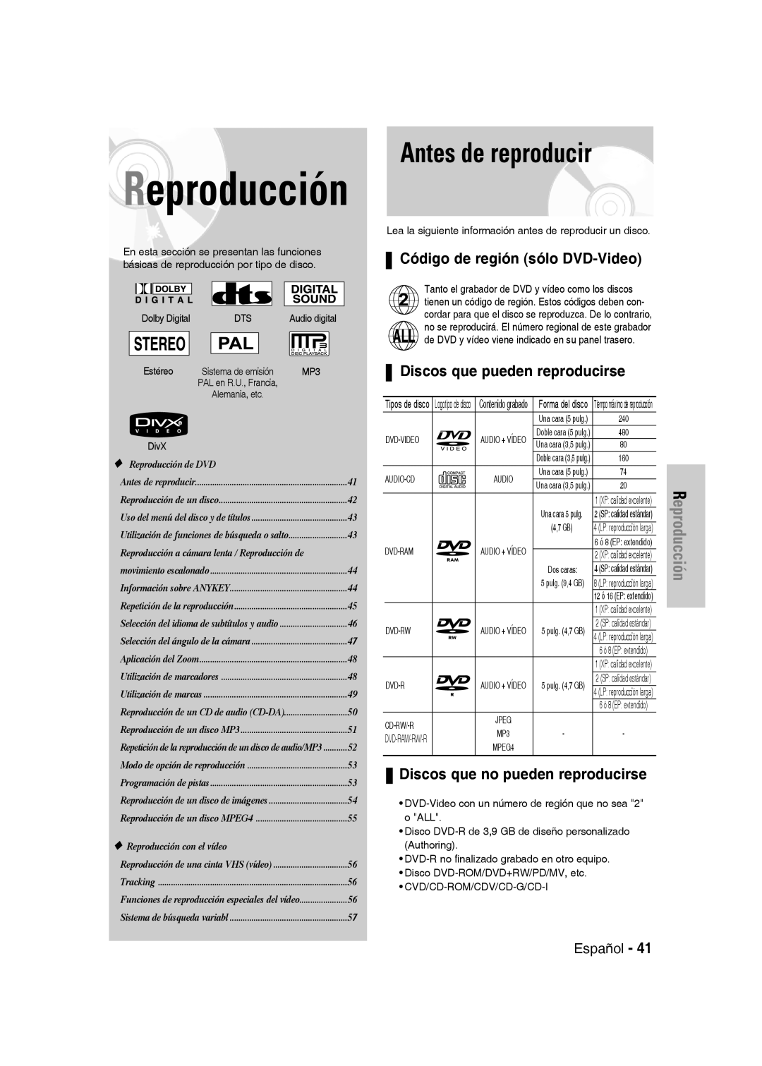 Samsung DVD-VR330/XET, DVD-VR330/XEG Antes de reproducir, Código de región sólo DVD-Video, Discos que pueden reproducirse 