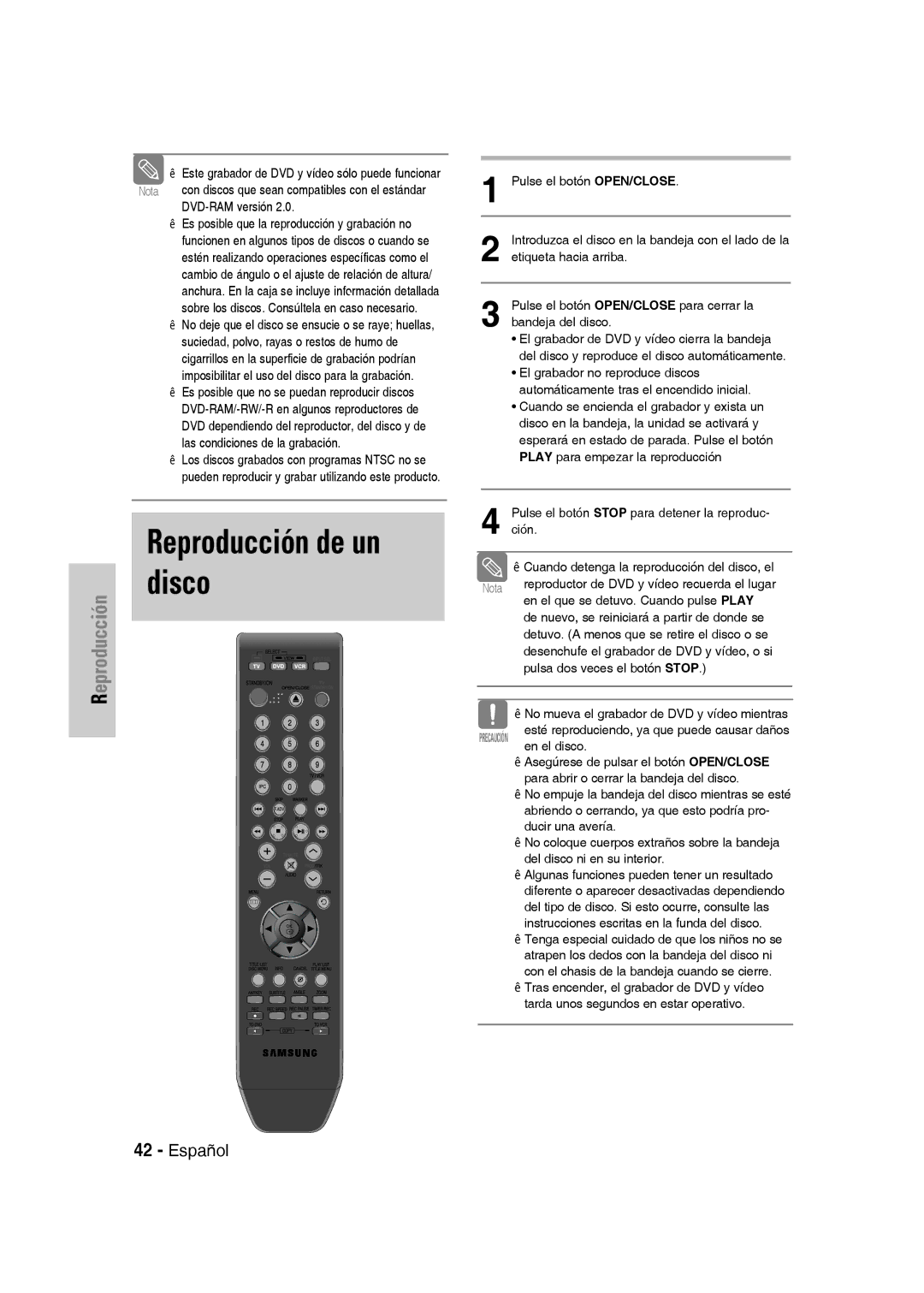 Samsung DVD-VR330/XEF, DVD-VR330/XEG, DVD-VR330/XEB, DVD-VR330/XET, DVD-VR330/XEH, DVD-VR331/XET manual Reproducción de un disco 