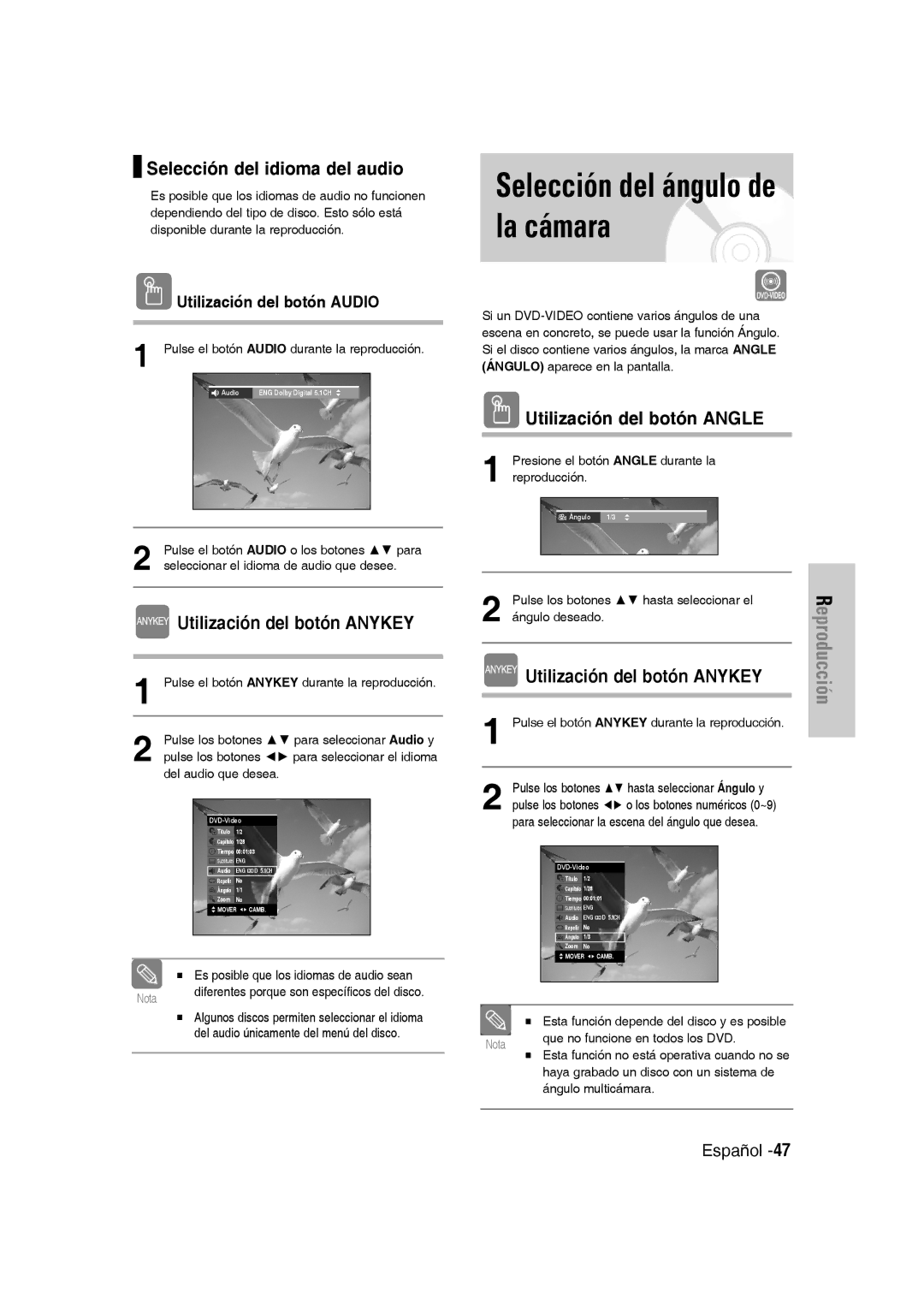 Samsung DVD-VR330/XEE manual Selección del ángulo de la cámara, Selección del idioma del audio, Utilización del botón Angle 