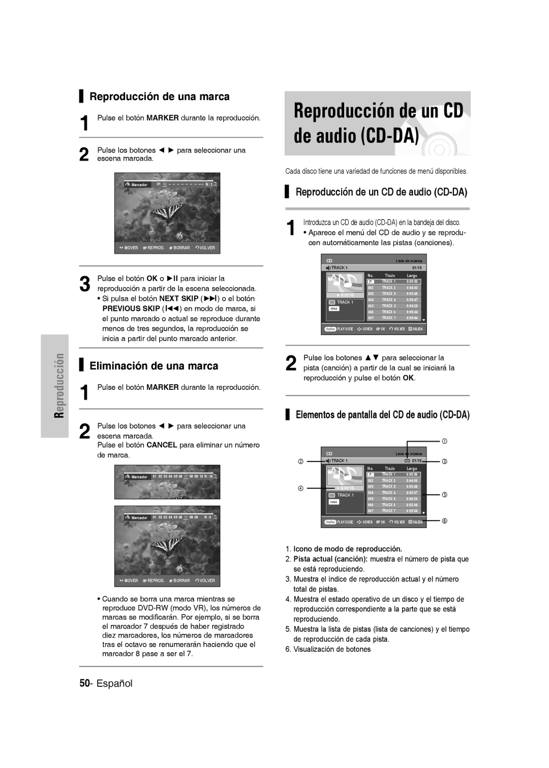 Samsung DVD-VR330/XEU manual Reproducción de un CD de audio CD-DA, Reproducción de una marca, Eliminación de una marca 