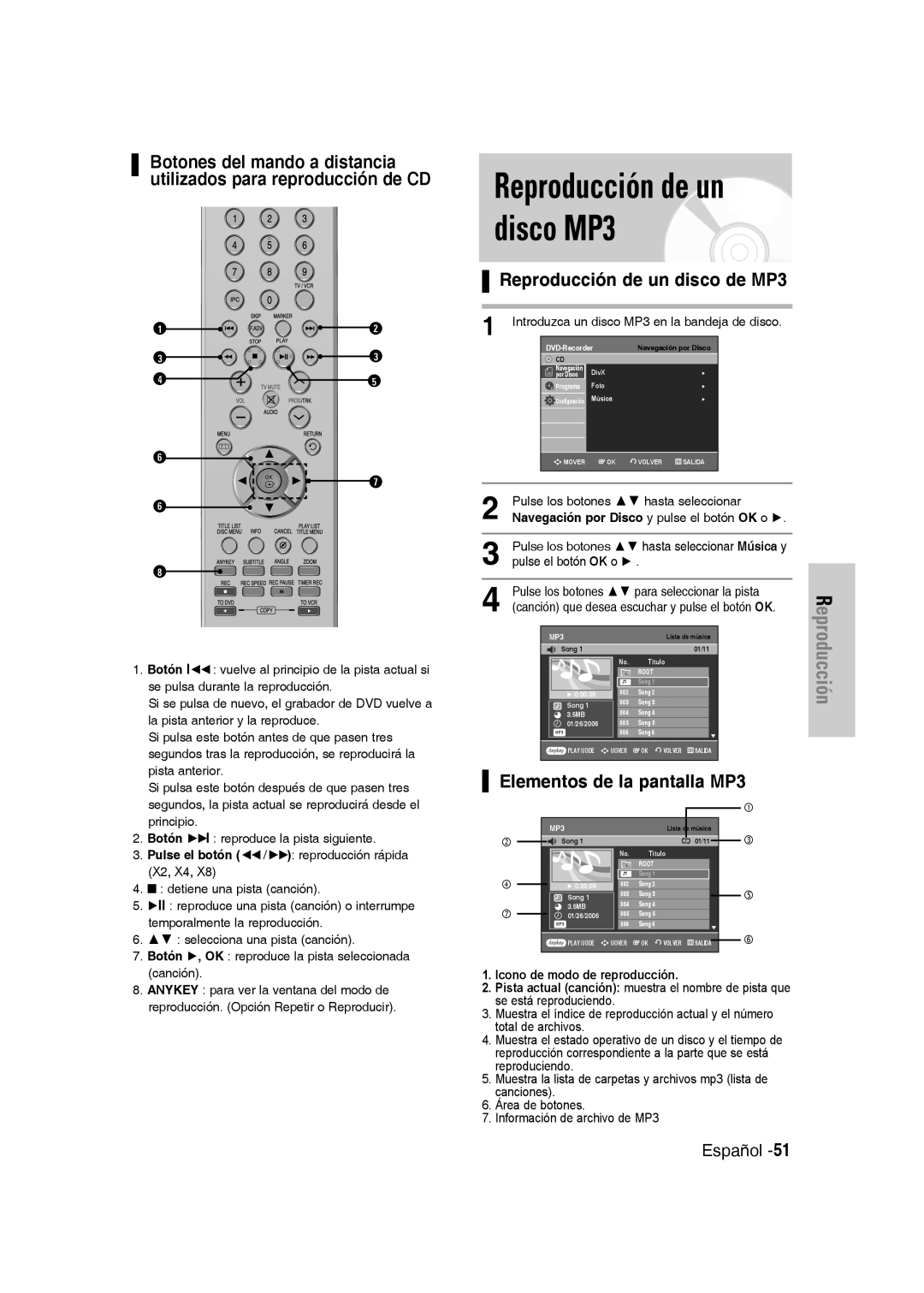 Samsung DVD-VR330/XEN manual Reproducción de un disco MP3, Reproducción de un disco de MP3, Elementos de la pantalla MP3 