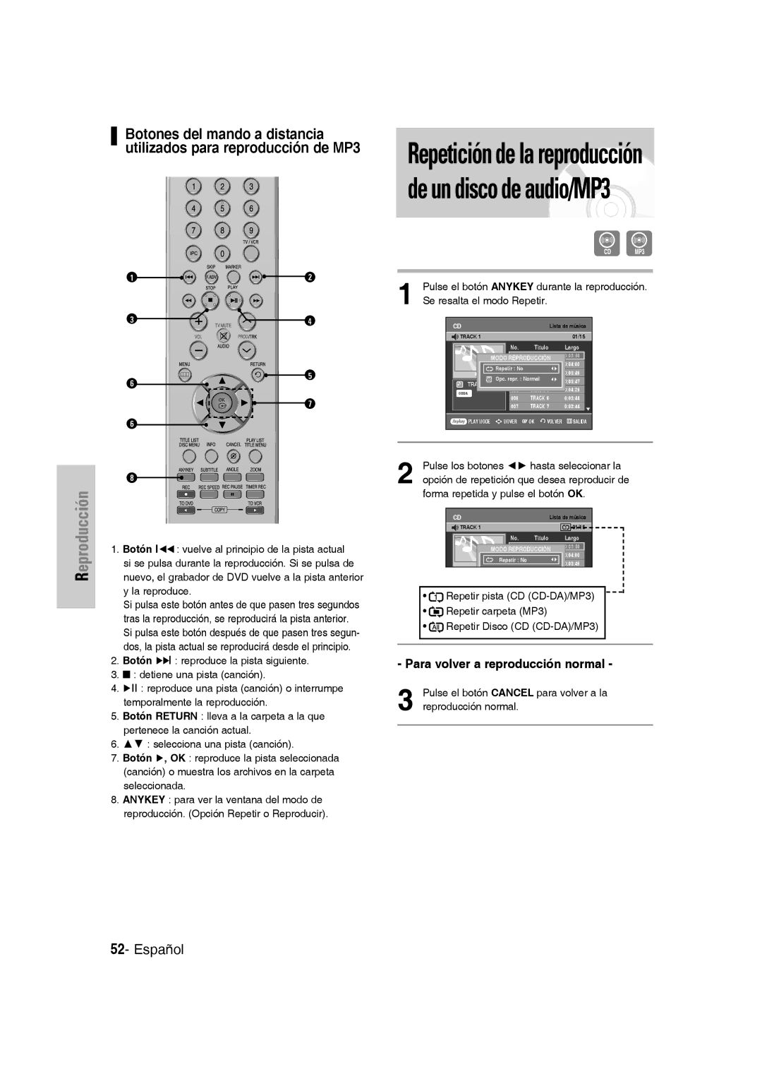 Samsung DVD-VR330/XEG, DVD-VR330/XEB manual Pulse los botones hasta seleccionar la, Forma repetida y pulse el botón OK 