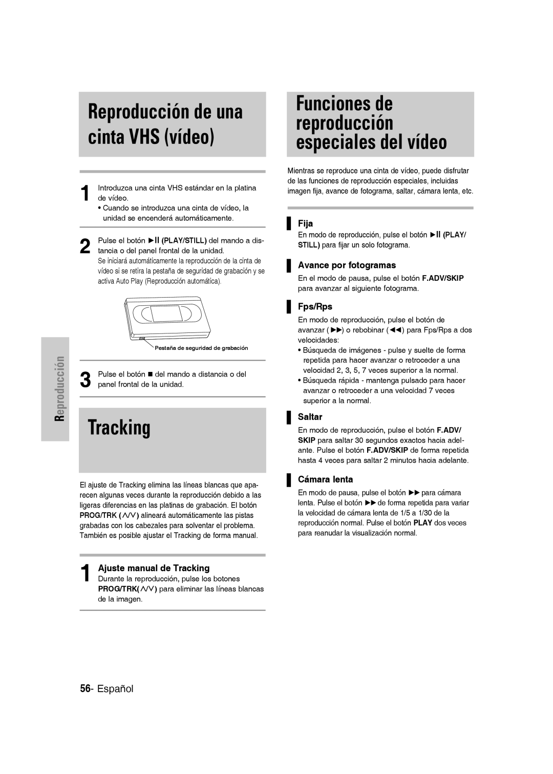 Samsung DVD-VR330/XEH, DVD-VR330/XEG, DVD-VR330/XEB, DVD-VR330/XET manual Reproducción de una cinta VHS vídeo, Tracking 