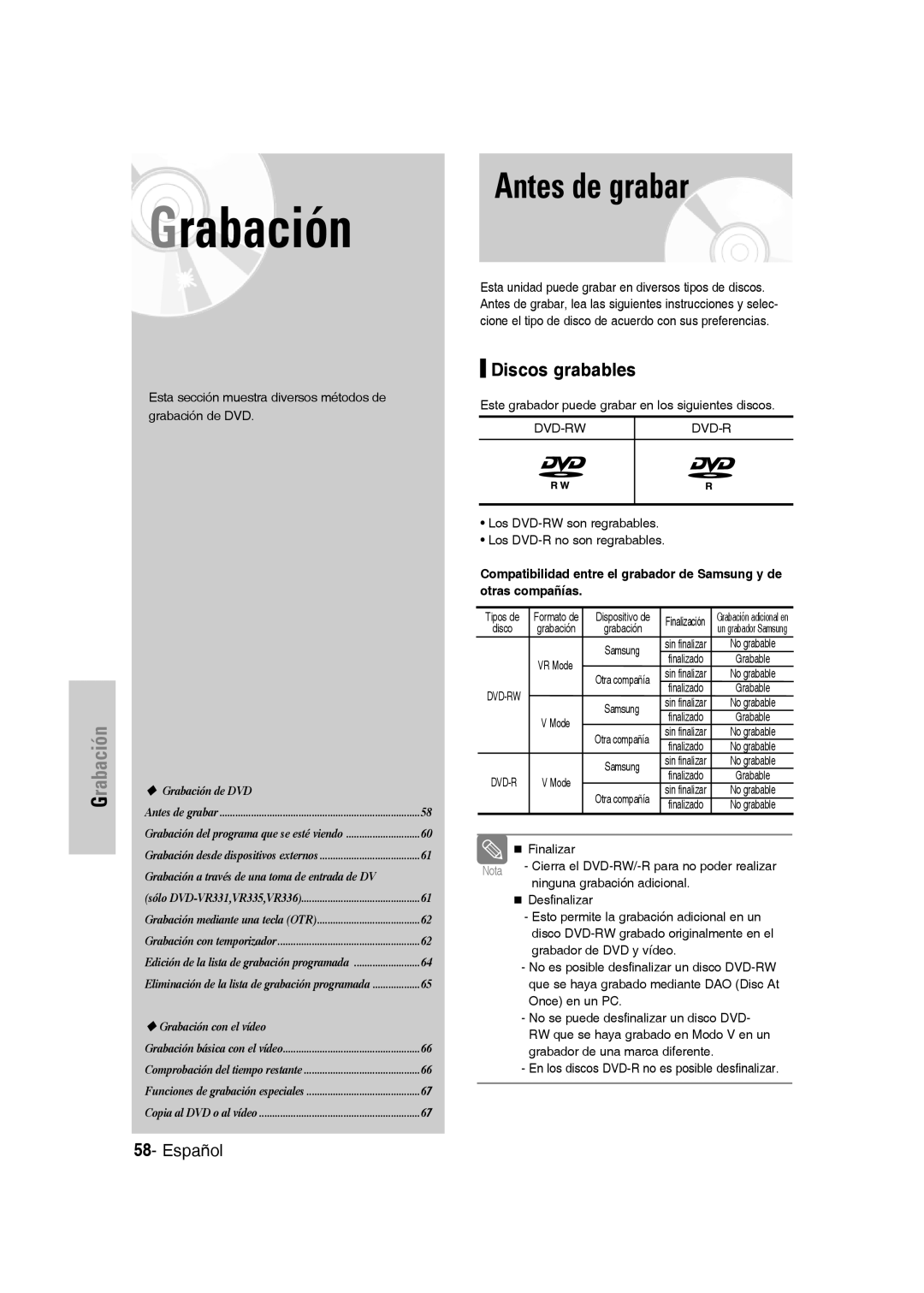 Samsung DVD-VR330/EUR manual Antes de grabar, Discos grabables, Esta sección muestra diversos métodos de grabación de DVD 