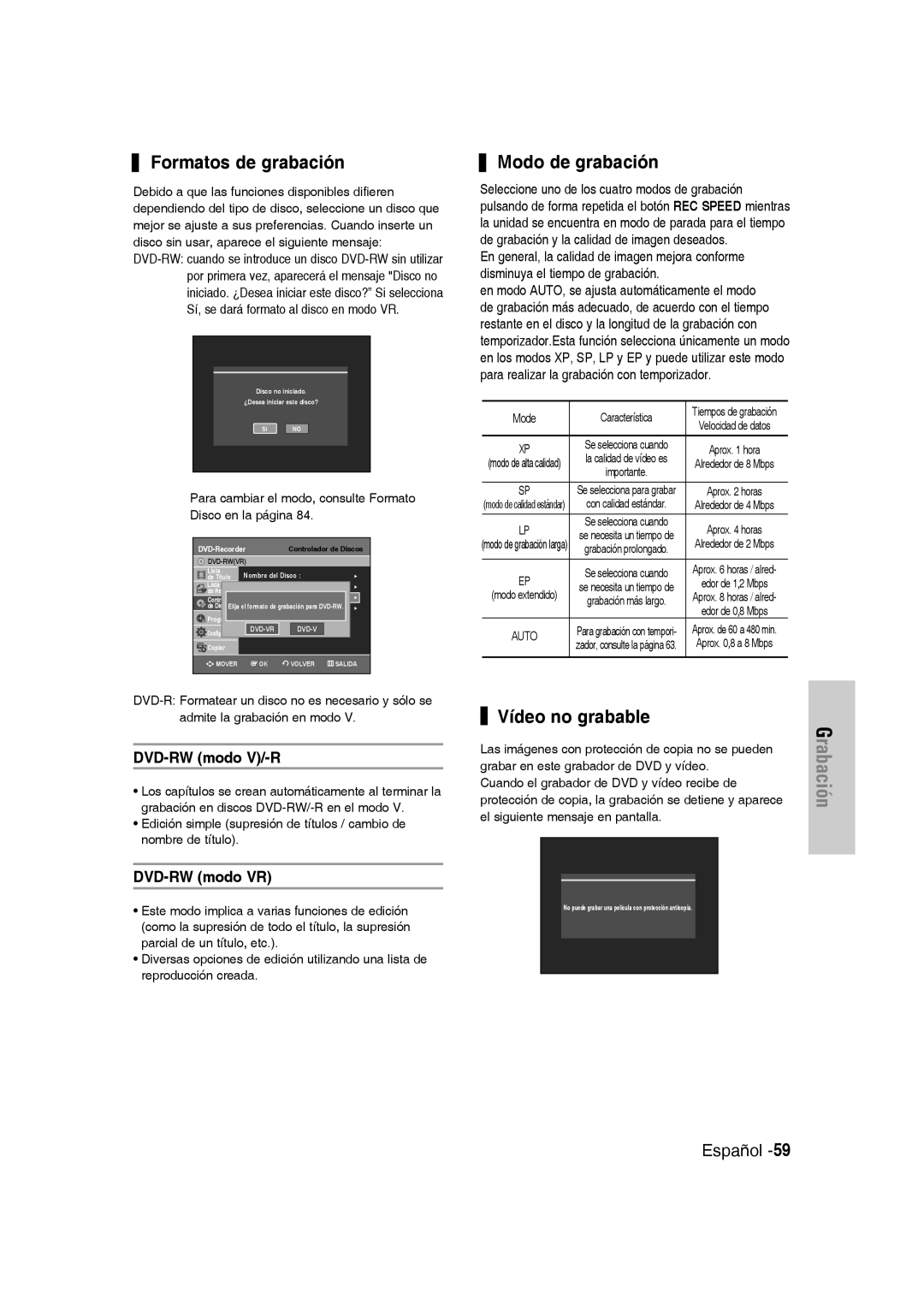 Samsung DVD-VR331/XEC manual Formatos de grabación, Modo de grabación, Vídeo no grabable, DVD-RW modo V/-R, DVD-RW modo VR 