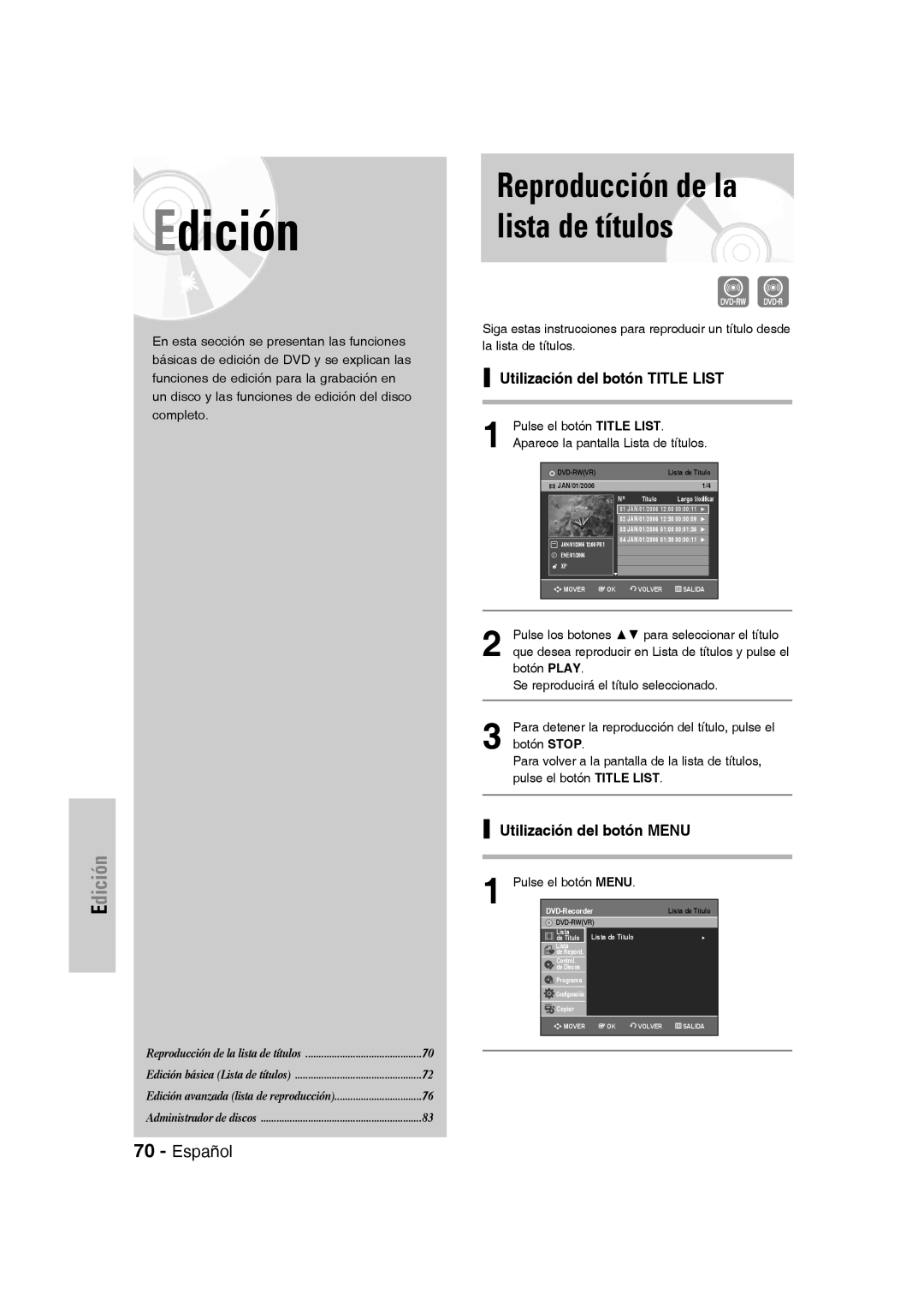 Samsung DVD-VR331/XET, DVD-VR330/XEG Utilización del botón Title List, Utilización del botón Menu, Pulse el botón Menu 