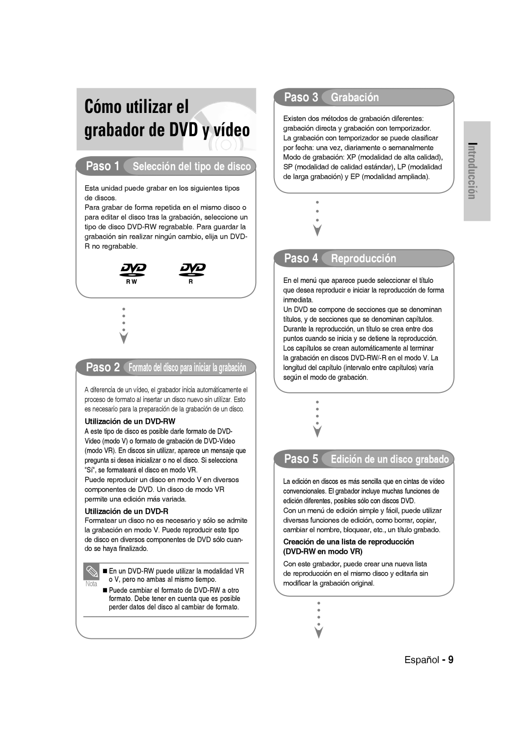 Samsung DVD-VR331/EUR, DVD-VR330/XEG, DVD-VR330/XEB Cómo utilizar el grabador de DVD y vídeo, Pero no ambas al mismo tiempo 