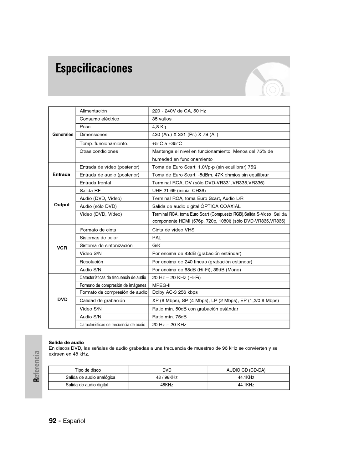 Samsung DVD-VR330/XEB, DVD-VR330/XEG, DVD-VR330/XET, DVD-VR330/XEF manual Especificaciones, Entrada, Output, Salida de audio 