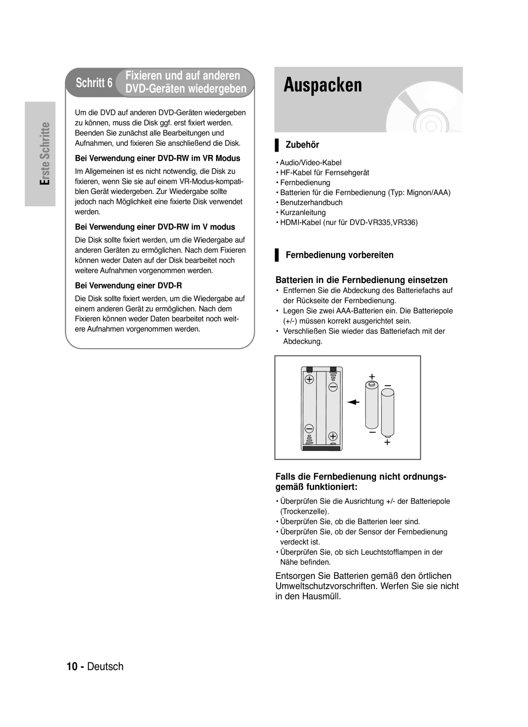 Samsung DVD-VR335/XEG, DVD-VR330/XEG manual Auspacken, Zubehör, Falls die Fernbedienung nicht ordnungs- gemäß funktioniert 