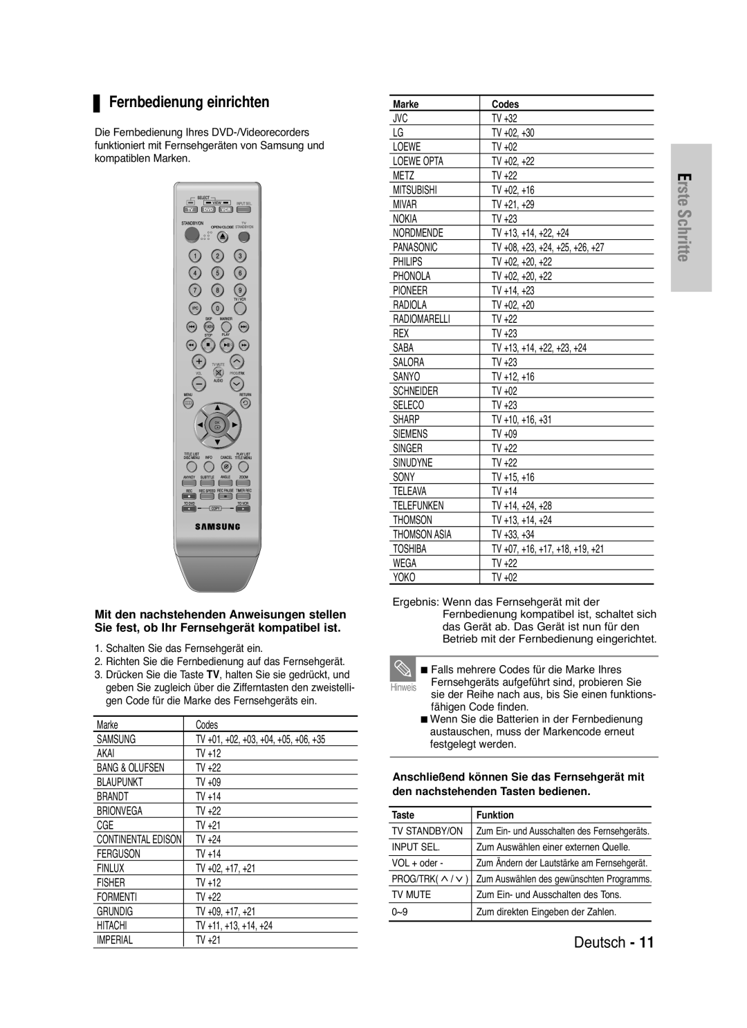 Samsung DVD-VR330/XET, DVD-VR330/XEG, DVD-VR330/XEB, DVD-VR335/XEB Fernbedienung einrichten, Marke Codes, Taste Funktion 