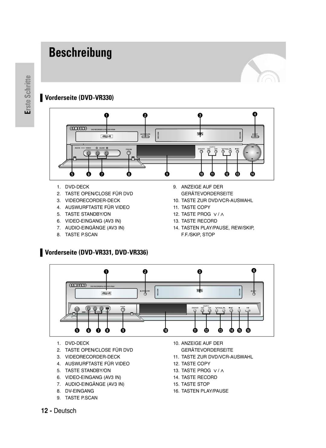 Samsung DVD-VR336/XEG, DVD-VR330/XEG, DVD-VR330/XEB, DVD-VR335/XEB, DVD-VR335/XEG manual Beschreibung, Vorderseite DVD-VR330 