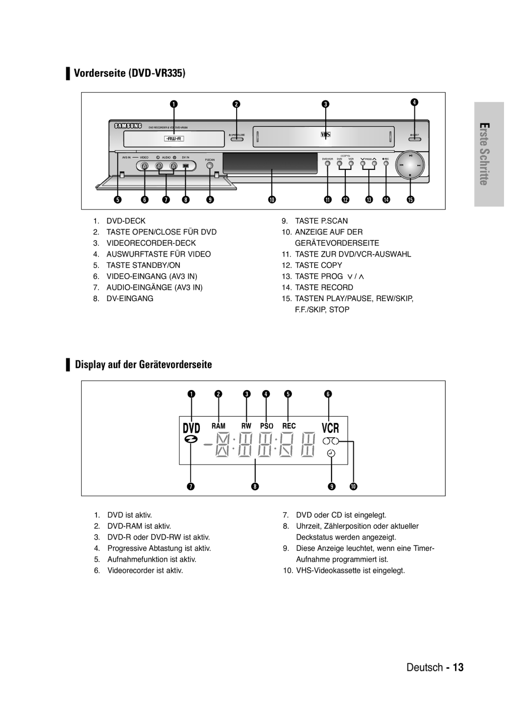 Samsung DVD-VR330/XEF, DVD-VR330/XEG, DVD-VR330/XEB manual Vorderseite DVD-VR335, Diese Anzeige leuchtet, wenn eine Timer 