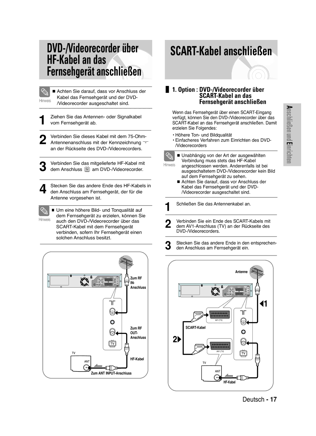 Samsung DVD-VR335/XEG, DVD-VR330/XEG, DVD-VR330/XEB manual Ziehen Sie das Antennen- oder Signalkabel, Vom Fernsehgerät ab 