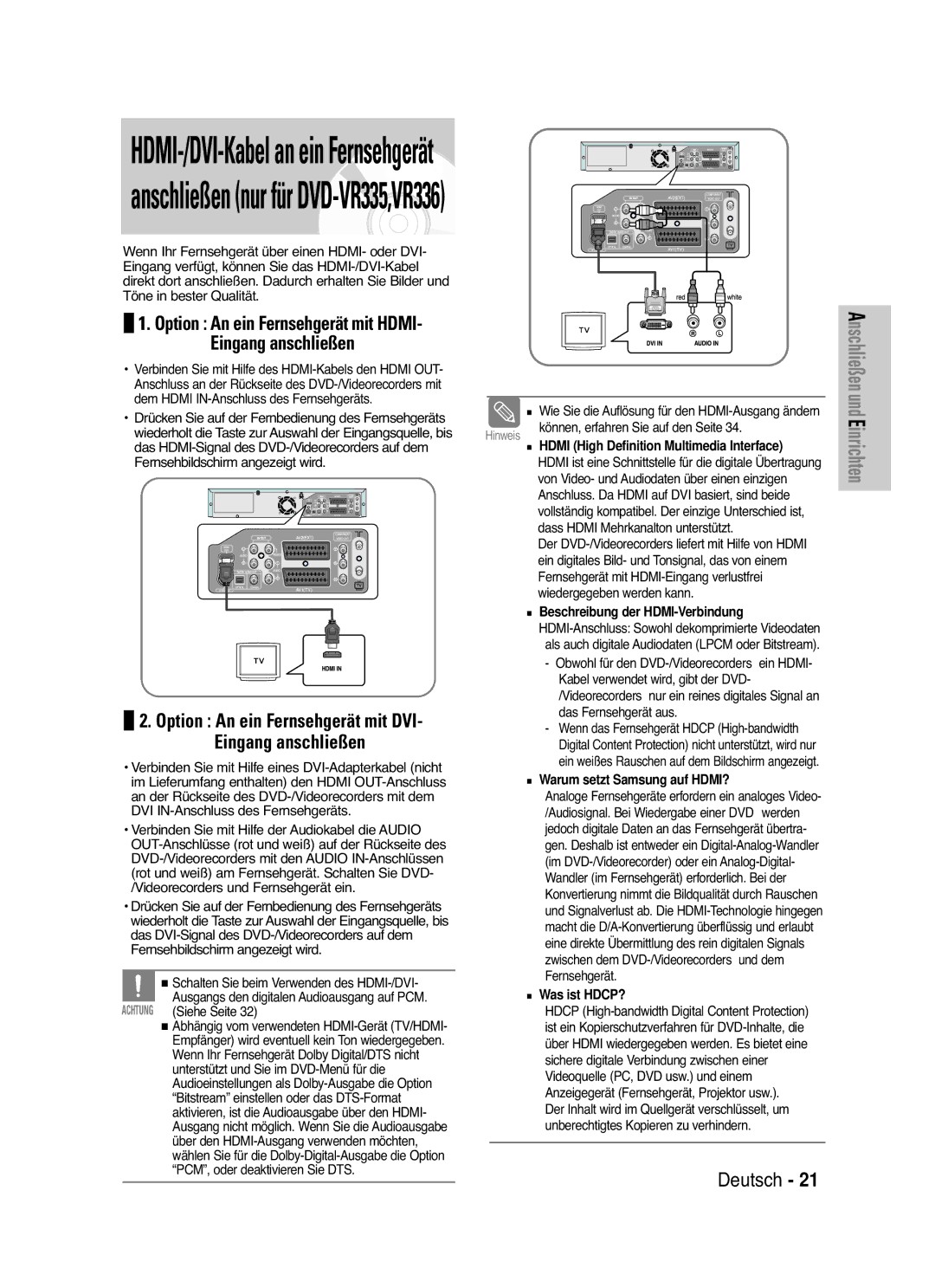 Samsung DVD-VR330/XEG, DVD-VR330/XEB manual Beschreibung der HDMI-Verbindung, Warum setzt Samsung auf HDMI?, Was ist HDCP? 