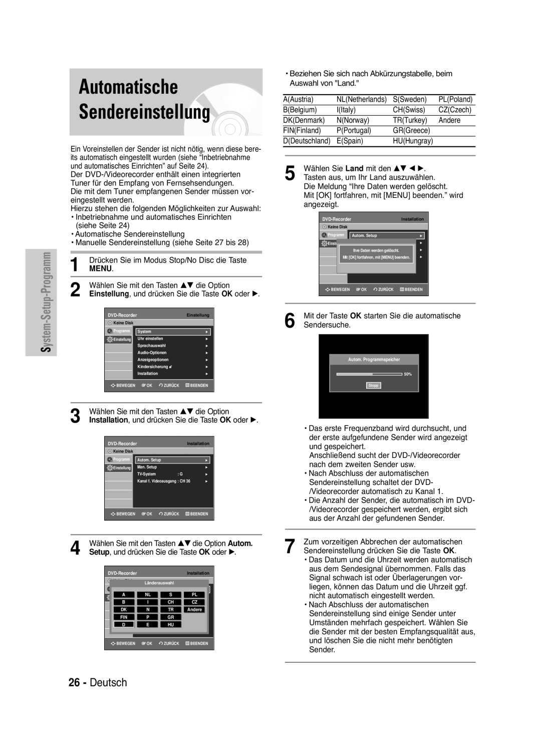 Samsung DVD-VR336/XEG, DVD-VR330/XEG, DVD-VR330/XEB, DVD-VR335/XEB, DVD-VR335/XEG manual Automatische Sendereinstellung, Menu 