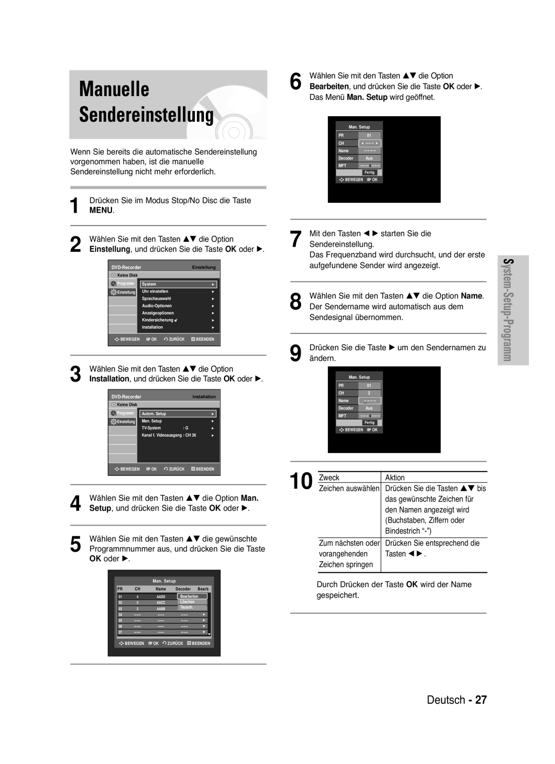 Samsung DVD-VR330/XEF, DVD-VR330/XEG, DVD-VR330/XEB, DVD-VR335/XEB, DVD-VR335/XEG, DVD-VR330/XET Manuelle Sendereinstellung 