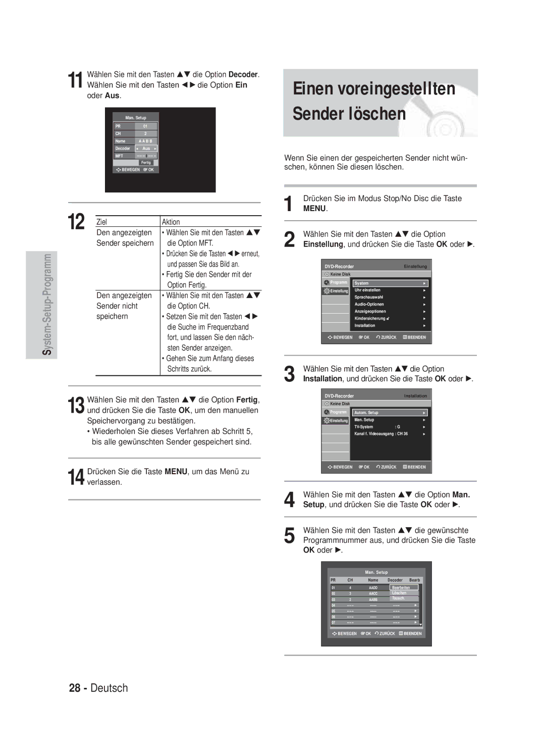 Samsung DVD-VR330/XEG, DVD-VR330/XEB, DVD-VR335/XEB, DVD-VR335/XEG, DVD-VR330/XET manual Einen voreingestellten Sender löschen 