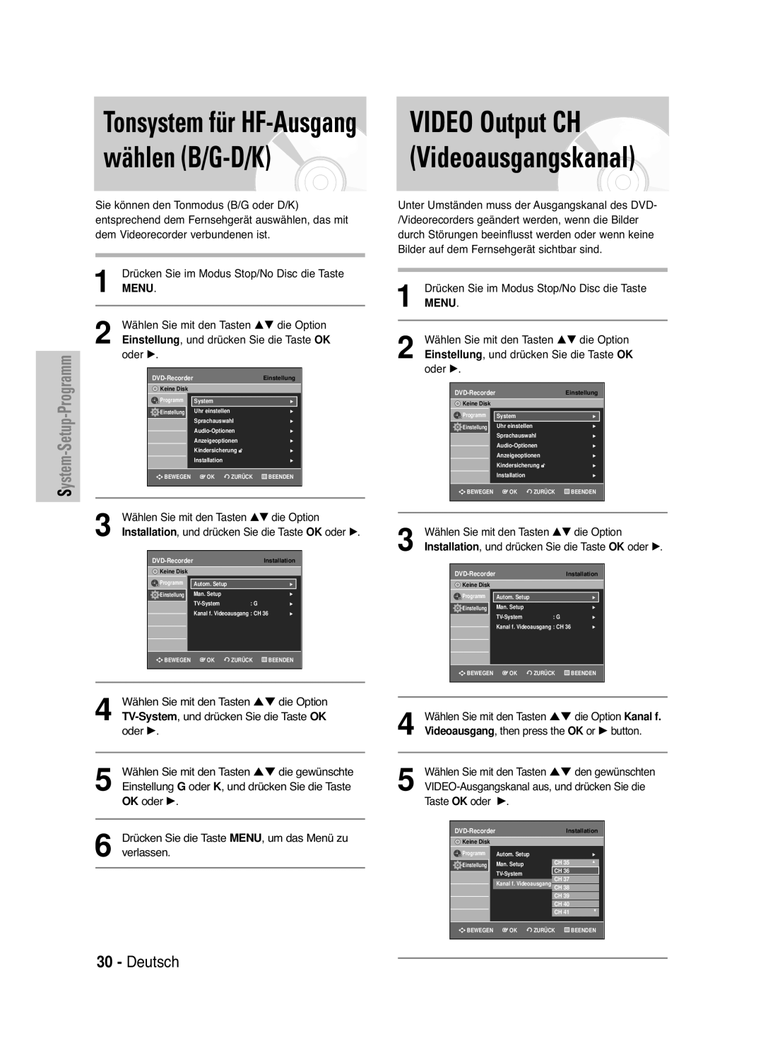 Samsung DVD-VR335/XEB, DVD-VR330/XEG Video Output CH Videoausgangskanal, Wählen Sie mit den Tasten …† die Option Kanal f 