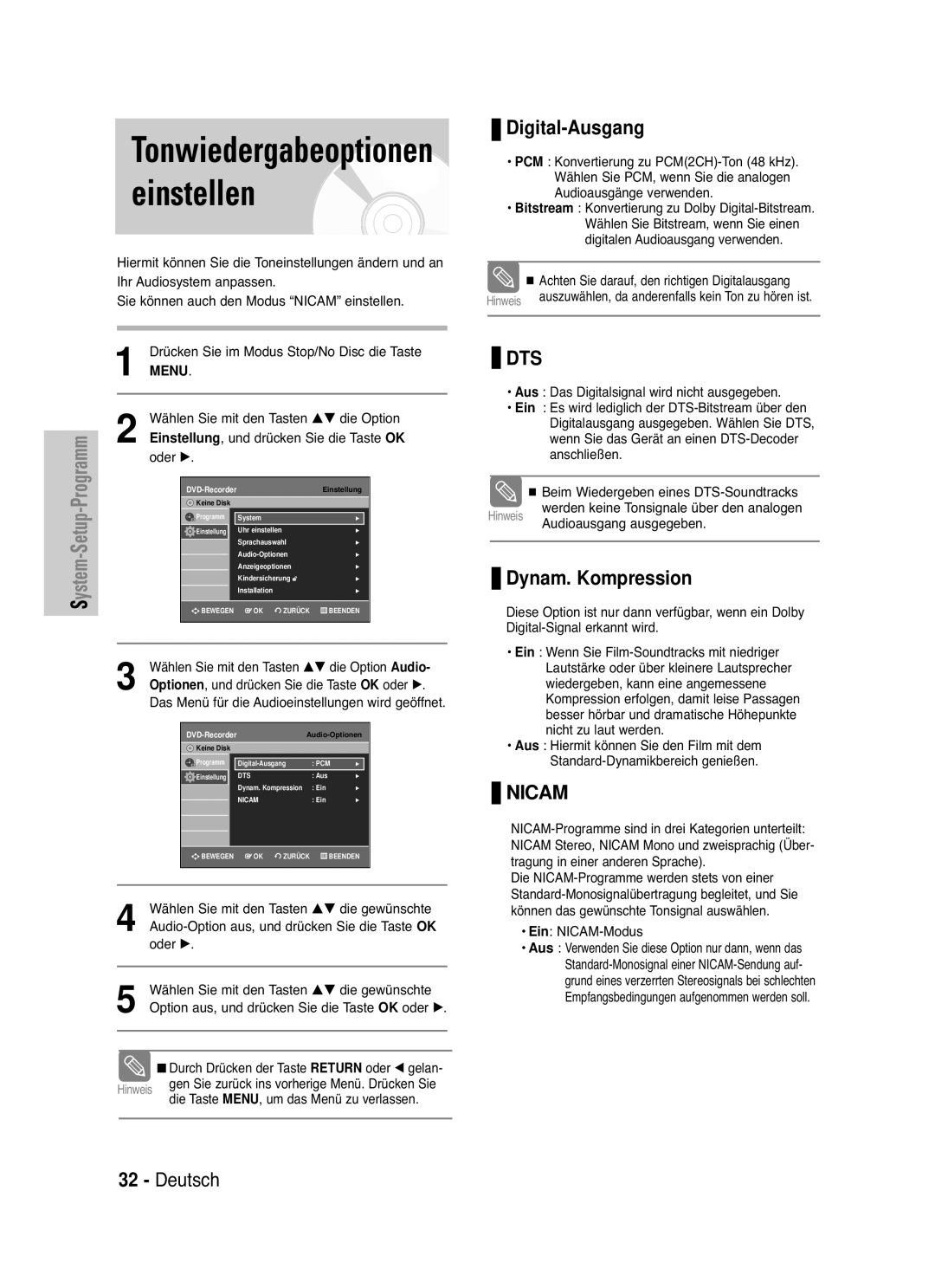 Samsung DVD-VR330/XET, DVD-VR330/XEG manual Tonwiedergabeoptionen einstellen, Digital-Ausgang, Dynam. Kompression, Menu 