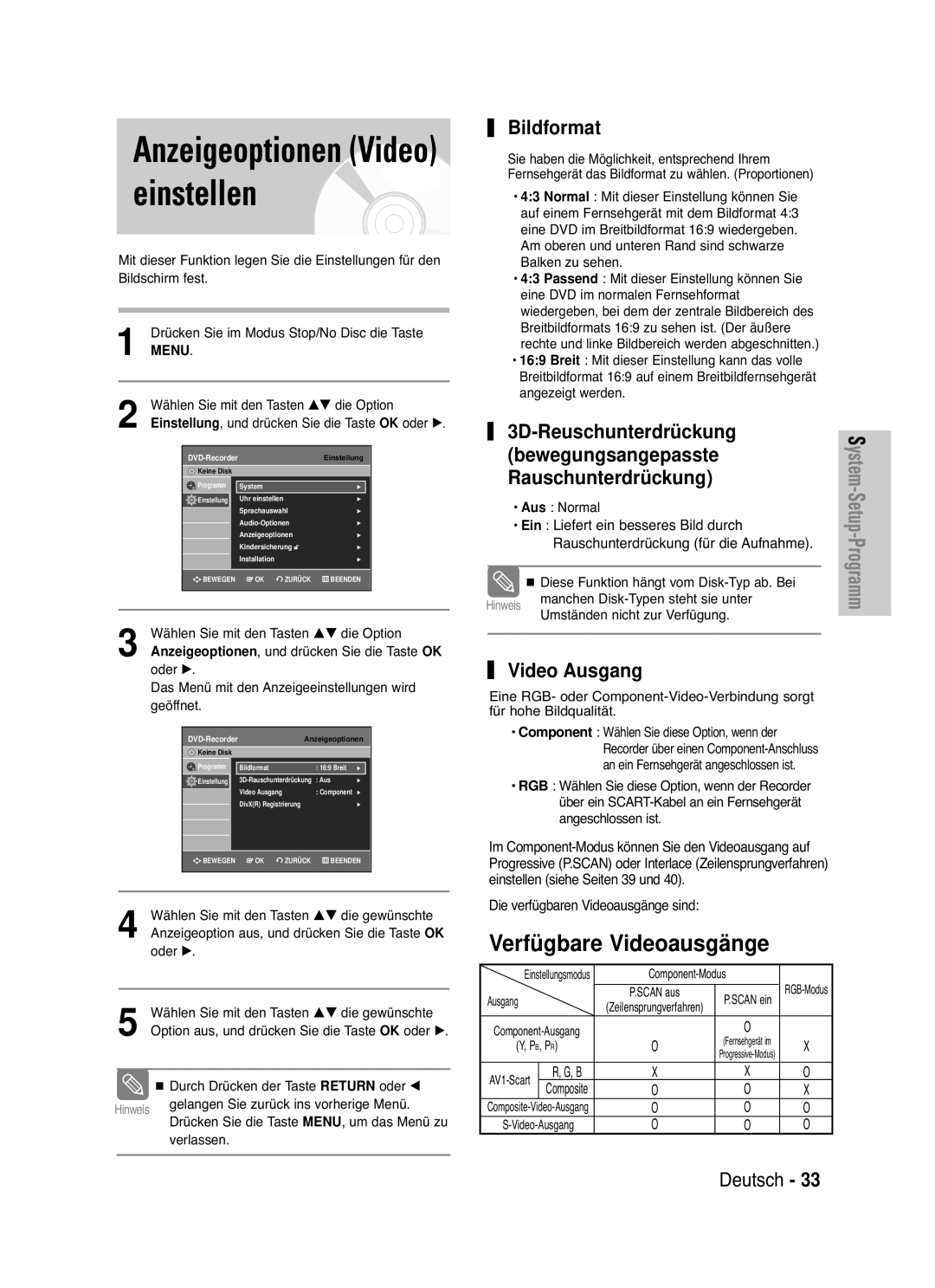 Samsung DVD-VR336/XEG, DVD-VR330/XEG Anzeigeoptionen Video einstellen, Bildformat, Video Ausgang, Verfügbare Videoausgänge 