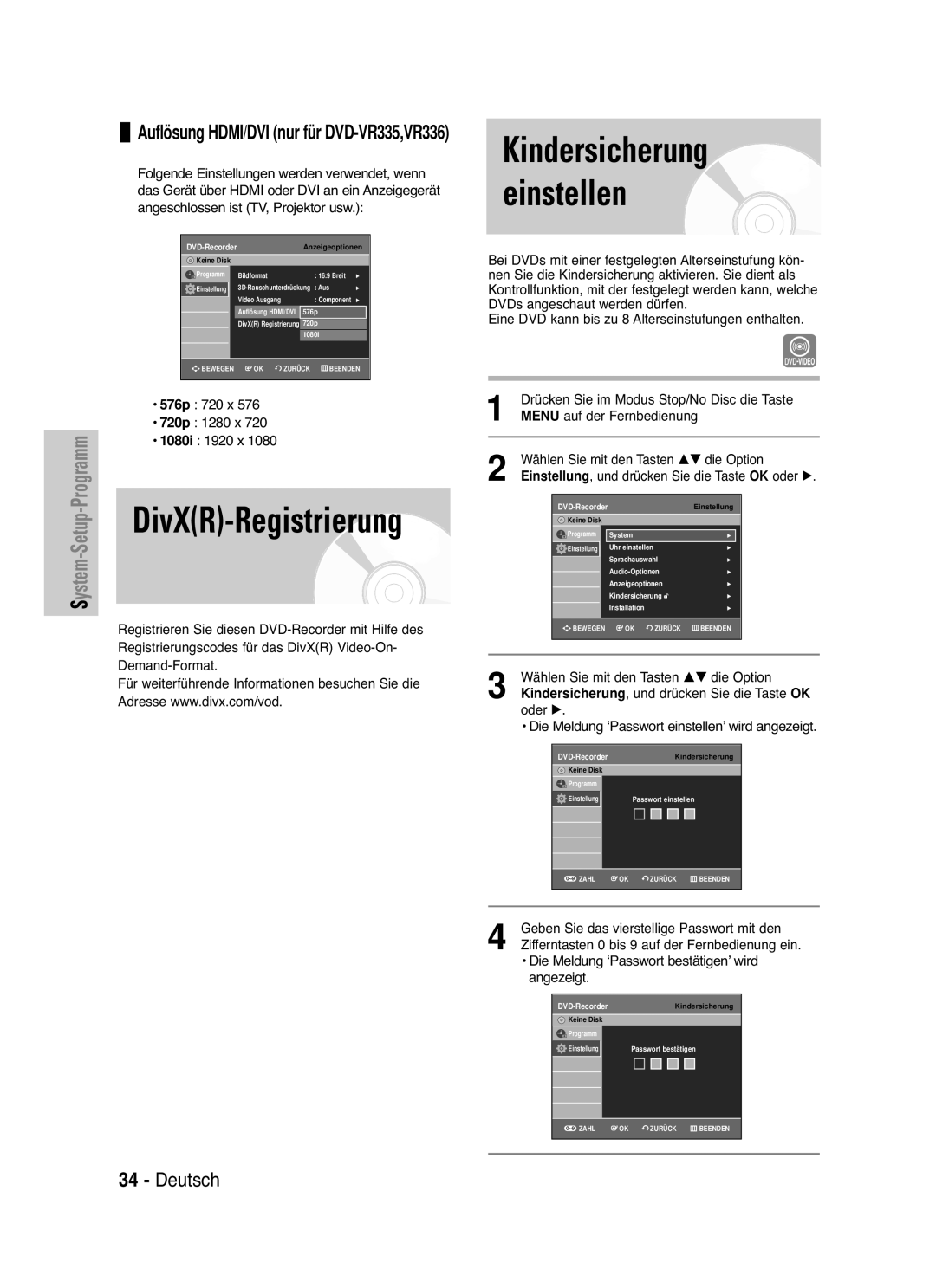 Samsung DVD-VR330/XEF manual Kindersicherung einstellen, 576p 720 x 720p 1280 x 1080i 1920 x, Auf der Fernbedienung 