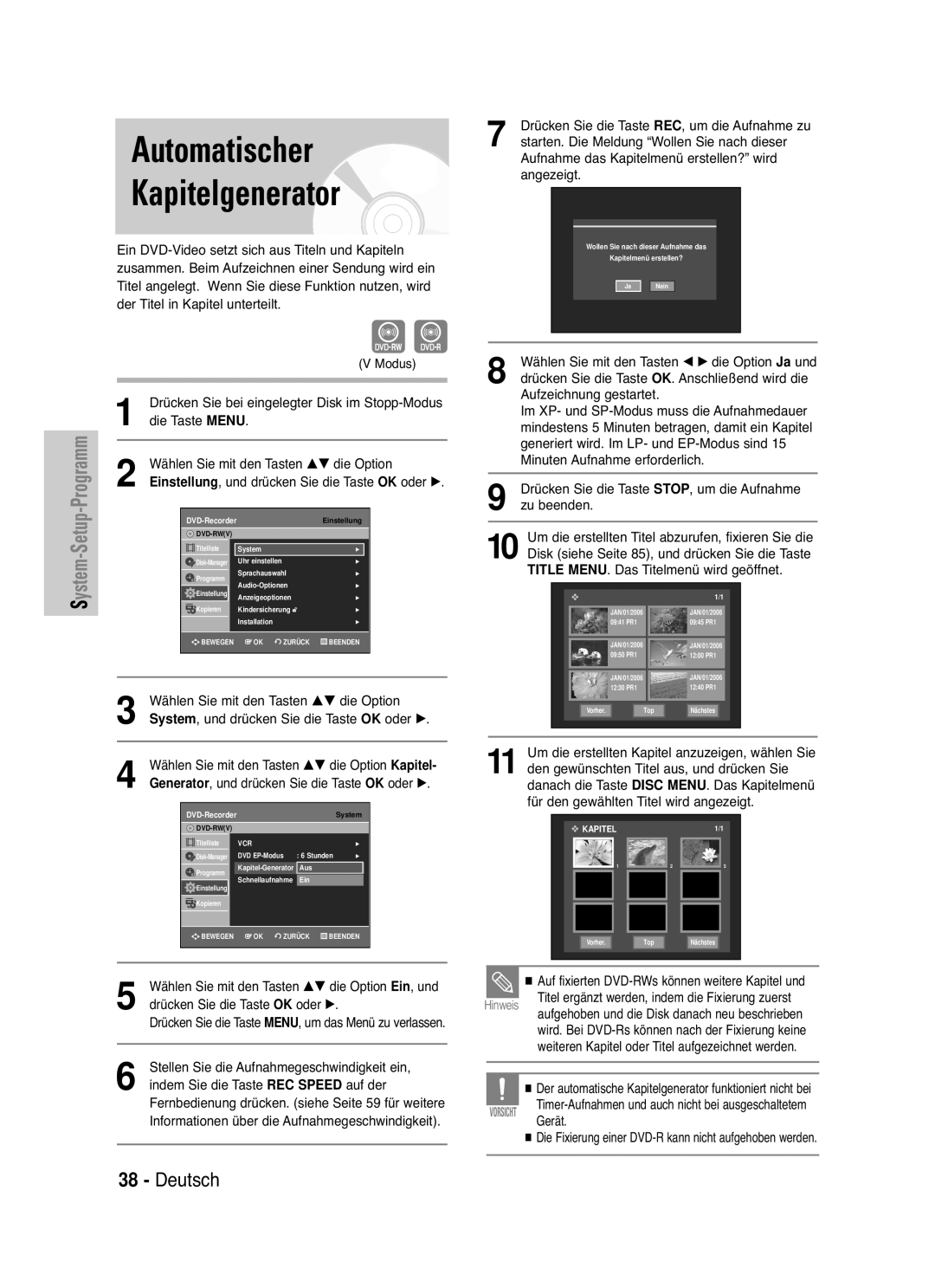 Samsung DVD-VR335/XEG, DVD-VR330/XEG, DVD-VR330/XEB, DVD-VR335/XEB, DVD-VR330/XET Automatischer Kapitelgenerator, Title Menu 