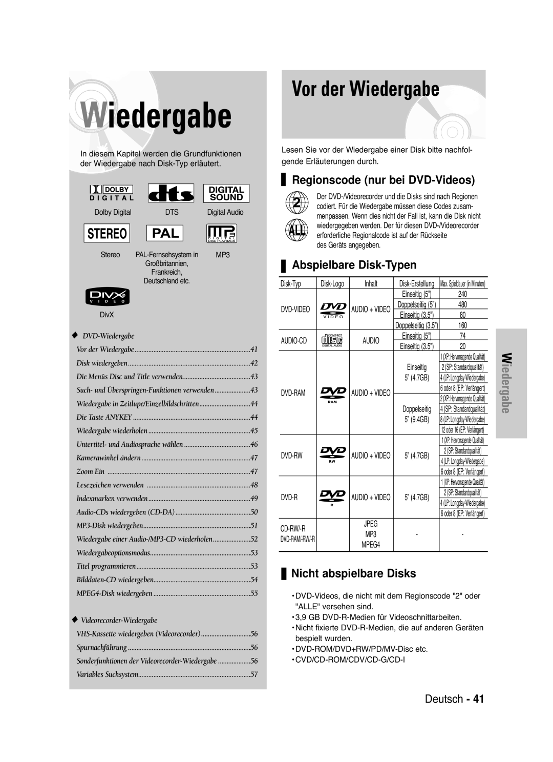 Samsung DVD-VR330/XEF Vor der Wiedergabe, Regionscode nur bei DVD-Videos, Abspielbare Disk-Typen, Nicht abspielbare Disks 