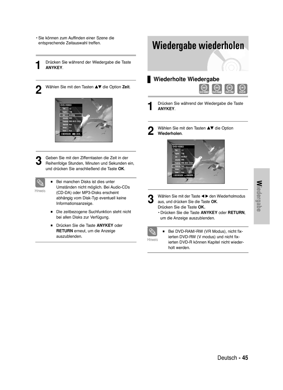 Samsung DVD-VR335/XEG manual Wiederholte Wiedergabe, Wählen Sie mit den Tasten …† die Option Zeit, Return, Wiederholen 