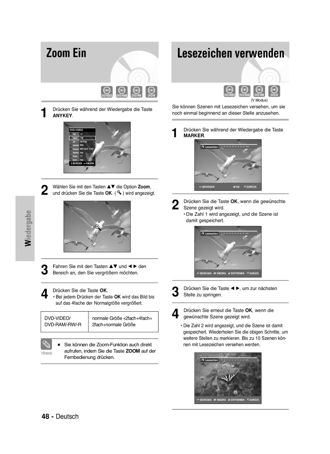 Samsung DVD-VR330/XEF, DVD-VR330/XEG manual Zoom Ein, Wählen Sie mit den Tasten …† die Option Zoom, Szene gezeigt wird 