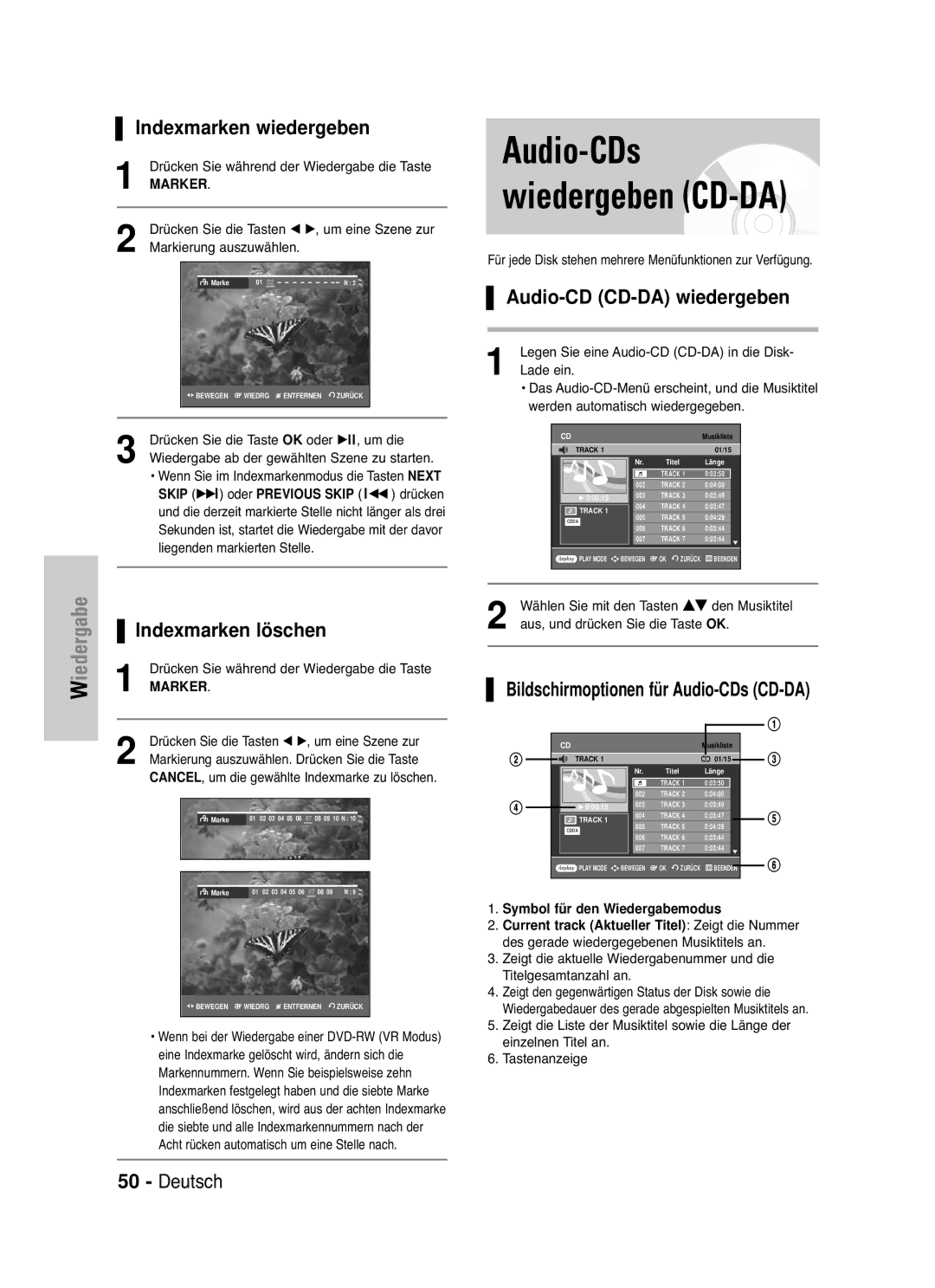 Samsung DVD-VR330/XEB manual Audio-CDs wiedergeben CD-DA, Indexmarken wiedergeben, Audio-CD CD-DA wiedergeben, Skip 