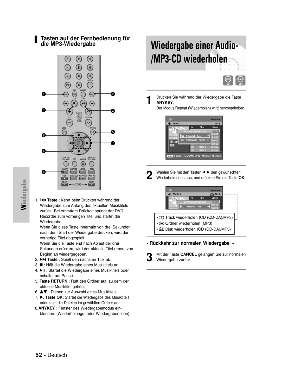 Samsung DVD-VR335/XEG Kehrt beim Drücken während der, Wiedergabe zum Anfang des aktuellen Musiktitels, Schaltet auf Pause 