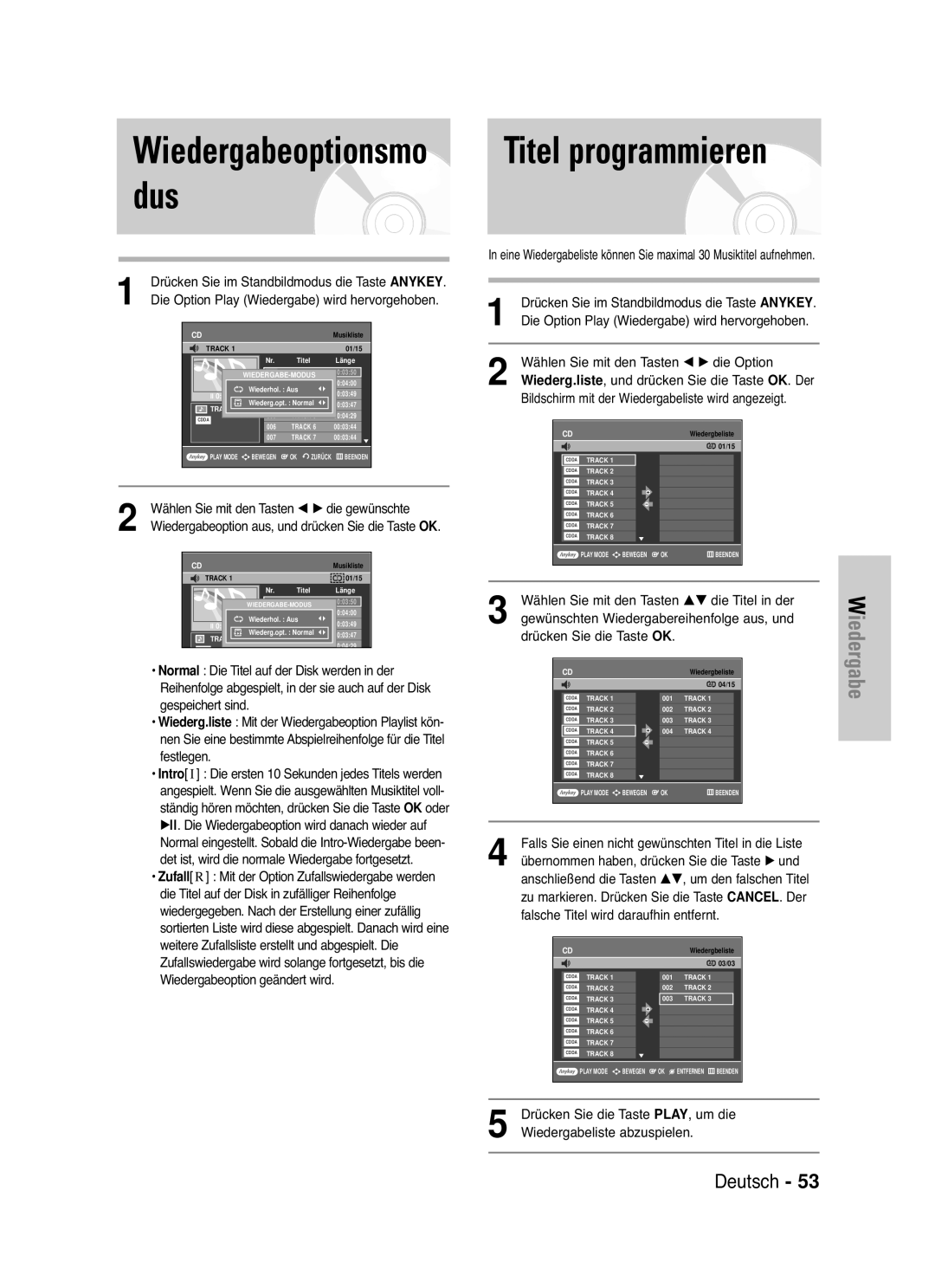 Samsung DVD-VR330/XET, DVD-VR330/XEG, DVD-VR330/XEB, DVD-VR335/XEB manual Titel programmieren, Wiedergabeoptionsmo dus 