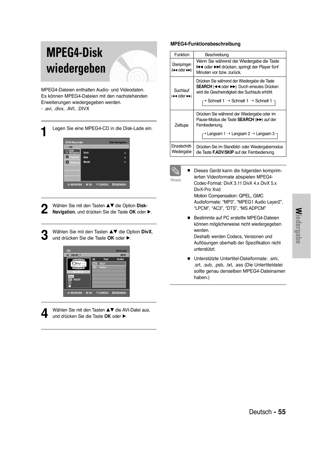 Samsung DVD-VR330/XEF, DVD-VR330/XEG manual Beschreibung, Minuten vor bzw. zurück, Schnell 1 Schnell 1 Schnell, √√ auf der 