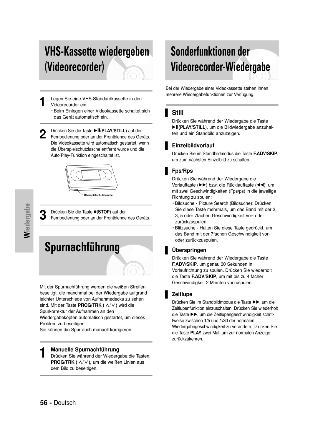 Samsung DVD-VR330/XEG, DVD-VR330/XEB, DVD-VR335/XEB manual Videorecorder, Spurnachführung, Sonderfunktionen der, Still 