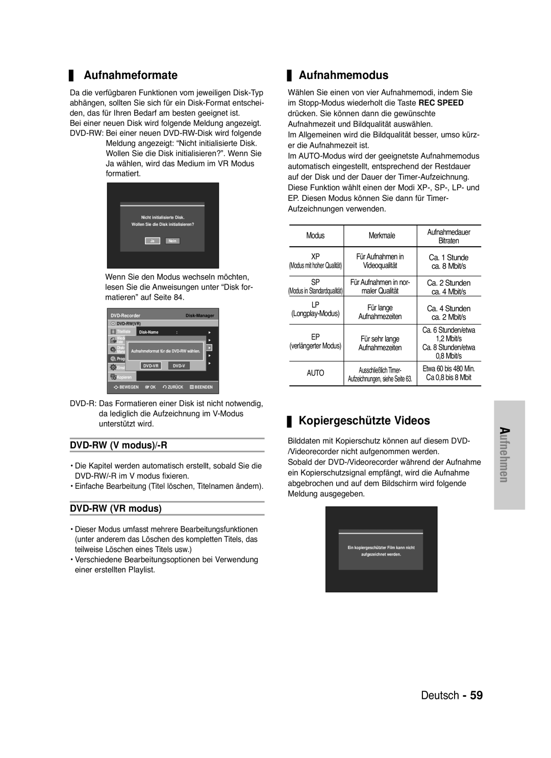 Samsung DVD-VR335/XEG manual Aufnahmeformate, Aufnahmemodus, Kopiergeschützte Videos, DVD-RW V modus/-R, DVD-RW VR modus 