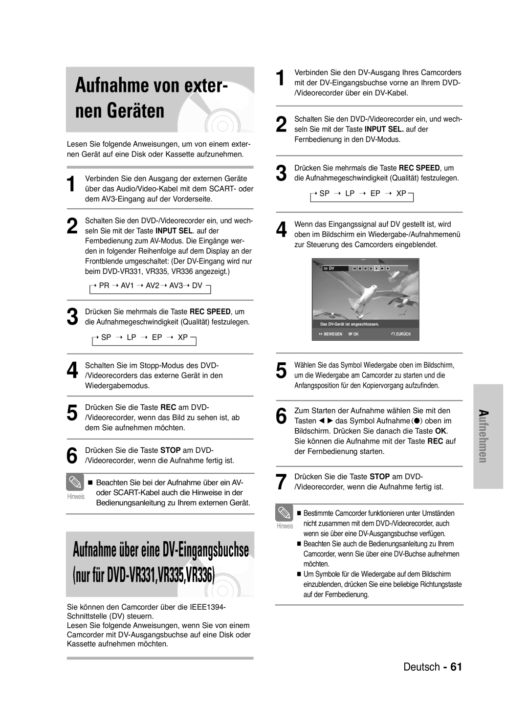 Samsung DVD-VR336/XEG manual Seln Sie mit der Taste Input SEL . auf der, PR AV1 AV2 AV3 DV, Videorecorder über ein DV-Kabel 