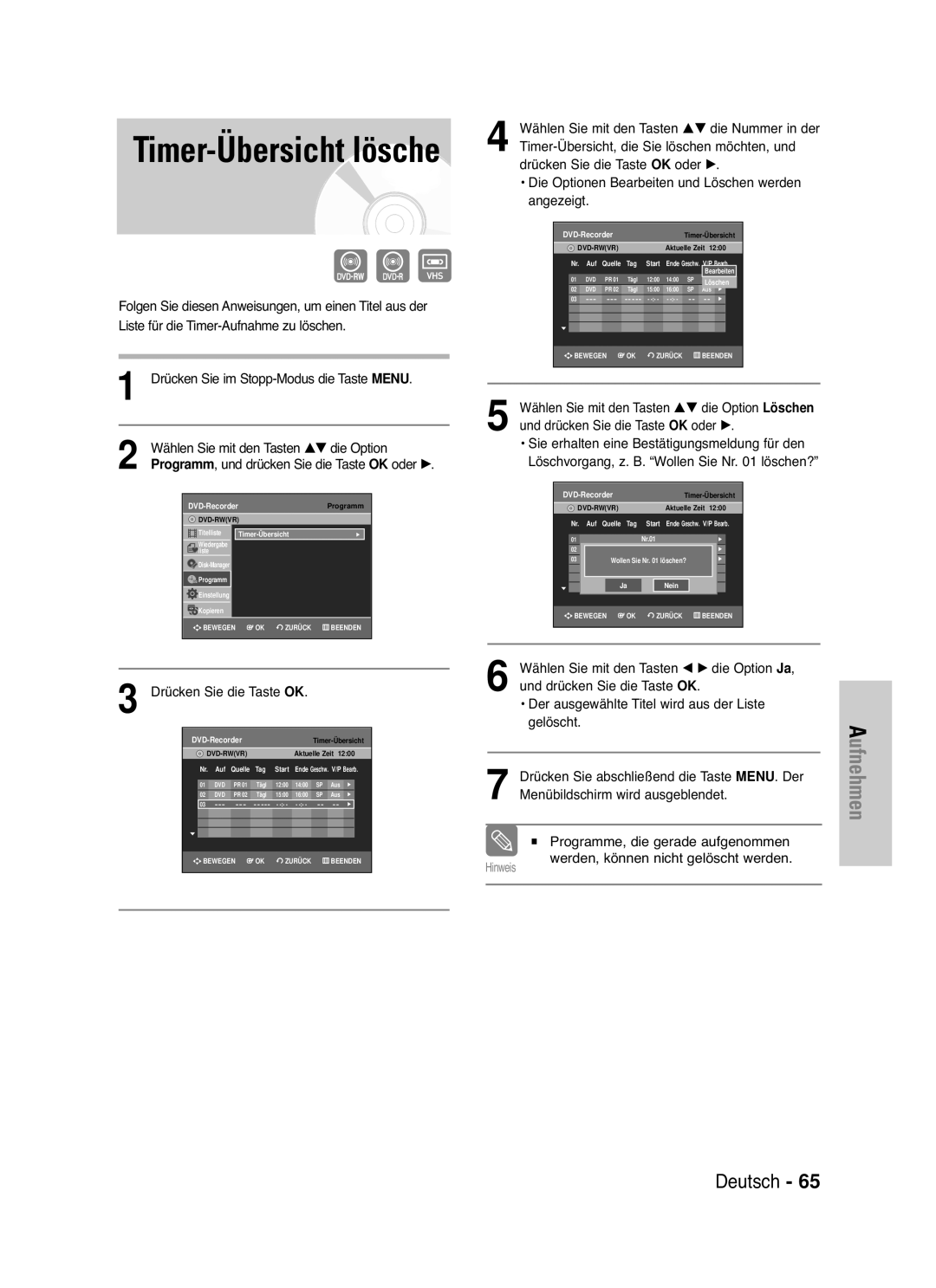 Samsung DVD-VR335/XEB manual Wählen Sie mit den Tasten …† die Nummer in der, Timer-Übersicht, die Sie löschen möchten, und 